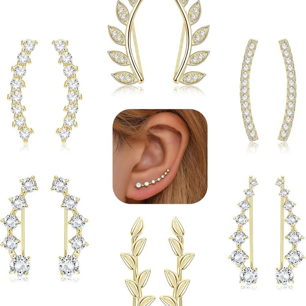 6Pairs Ear Cuffs Climber Hoop Earring CZ Arrow Crawler Stud Earring Jacket for W - Picture 1 of 6